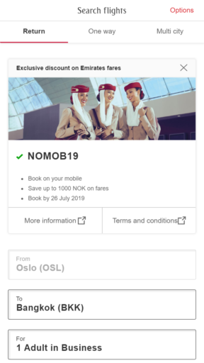 Emirates rabattkode NOMOB19 tilbud mobil