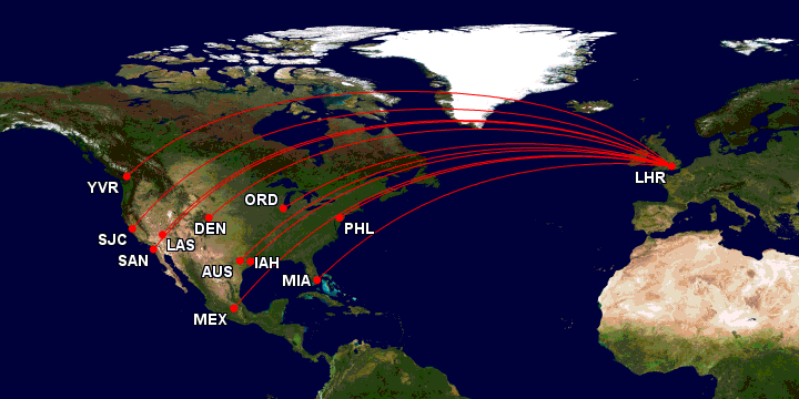 Kart med reisemål i British Airways First Class til Nord-Amerika fra gcmap.com