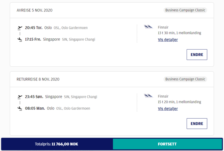 Finnair business class til Singapore fra kr. 11 700